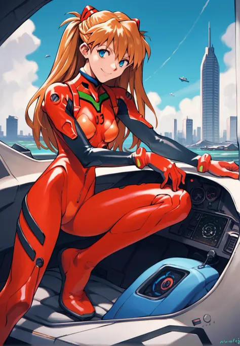 score_9,score_8_up, score_7_up, score_6_up, 1girl, source_anime, plugsuit, souryuu asuka langley, red bodysuit, interface headset, smile, pilot suit, solo, legs, thighs, one knee up, detailed cockpit, cityscape, <lora:Sadamoto Yoshiyuki_XL_PONY:1>