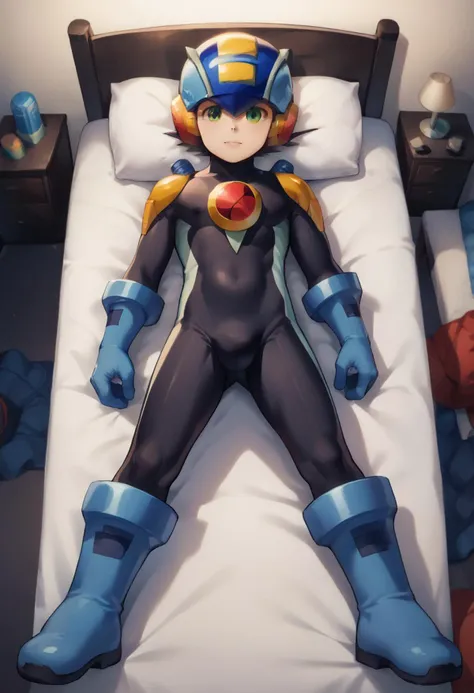 score_9, score_8_up, score_7_up, source_anime, (costume:3), under clothes, covered, male focus, seductive pose, add detailed eyes, detailed face and detailed costume, perfect hands, male, megaman nt, solo, 1boy, male focus, boots, helmet, green eyes, bodysuit, score_9, source_anime, low angle view, tight bodysuit, bedroom, shiny skin, laying in bed, above view, full body,