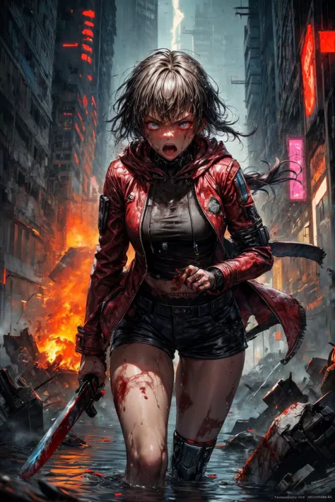 (RAW photo, 8k uhd, Analog style, Masterpiece, Best Quality, Highres:1.4), (dramatic, cinematic:1.2), BREAK,
shot of (african:1.3) female (cybernetic:1.4) (android:1.3), (intricate:1.15) (red:1.3) (leather coat, shorts, hoodie:1.3), (dirty:1.1), (tattoos:1.2), (dreadlocks:1.2), glowing (big blue eyes:1.1), (blood, wounds:1.2), front view, (angry:1.2) (frown:1.2) furious face, looking at viewer, (mechanical arms:1.2) (holding sword knife:1.27), (running:1.2) pose, going waist deep in dirty (water:1.4), (dark skin:1.3), BREAK,
(overgrown:1.1), detailed (cyberpunk:1.2) japanese (futuristic city:1.3), (spaceport ruins:1.1), (cloudy sky:1.1), (rain:1.3), (ripples:1.1), (thunderstorm:1.25), (raindrops:1.1), tears, (reflective:1.1) water, trash, (neon lights:1.1), (fire, explosion:1.3), (sparkles, fire, splashes:1.15), (colorful:1.1) fog, (photorealistic:1.1), (low point:1.1), (cyberpunk, sci-fi, action moviee:1.3), (intricate:1.2), (bloody:1.1), (gloomy:1.1), BREAK,
<lora:more_details:0.9>,
<lora:emotion_angry_slider_v1:1.45>,
<lora:zoom_slider_v1:2.75>,