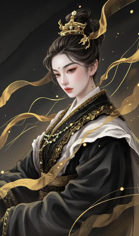 (Chinese black and golden ink painting, masterpiece, top quality, official art, best quality, beautiful and aesthetic, movie grade color grading, Epic, 24bit colors:1.2),
black background, dark photo, silhouette, fading backlit background, amazing depth, intricately detailed, bokeh, perfect balanced, deep fine borders, artistic photorealism, smooth,
scenery, architecture, east asian architecture,
(1girl/female immortal, jewelry, earrings, red lips, long sleeves, hair bun, shawl, ribbon, Phoenix Crown, Biyao, Jade Ornaments, Floral Ornaments, armor, Hair Pin, Hair Comb, Golden Forehead Ornament, Beaded Strands, feathers clothes, cleavage, huge chest),
(wearing fanfu/The fabric of the clothes appears to be a mixture of silk and slightly rougher materials, giving it a luxurious yet rugged texture)
fog, clouds, mountain, floating in mid air, floating in sky, statdust,