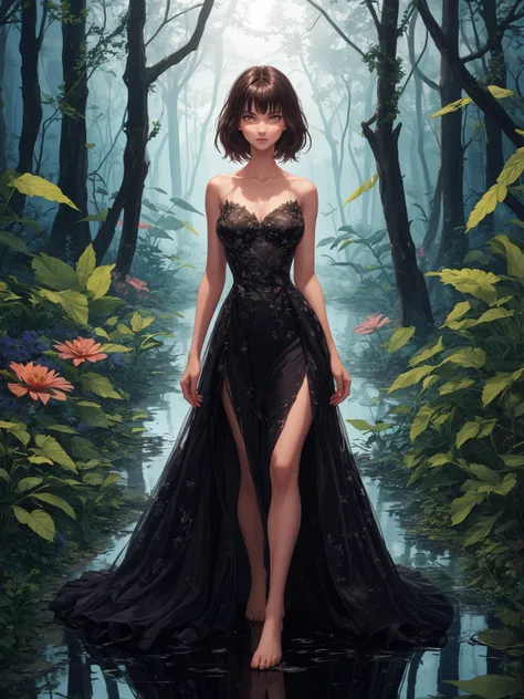 A looking away mysterious wild furry with her bottomless shining eyes, slender shapes and brunette haircut stands wearing an elegant dress. She haughtily poses for a photo at dark hot summer night in a magic abandoned garden among reflections and mana flows in a glamorous world.
