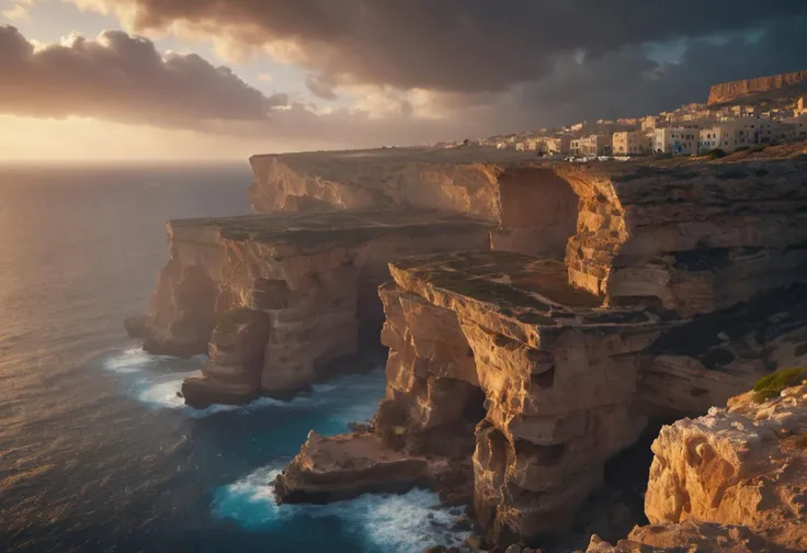 The cliffs on the island of Malta, cinematic, atmospheric, 8K, mystical, dynamic lighting, octane render, landscape photography by Marc Adamus.