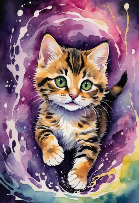 (Ink illustration). A charming tabby kitten, with its bright golden fur and playful green eyes, is depicted mid-pounce against a backdrop of dark, swirling watercolors in deep purples and glowing pinks. The kitten’s delicate whiskers and tiny paws are rendered with vibrant ink details, capturing its lively energy amidst a gloomy, stormy atmosphere. ink splashes, rough ink sketch, moody, gloomy, dark picture, high contrast, stylized.