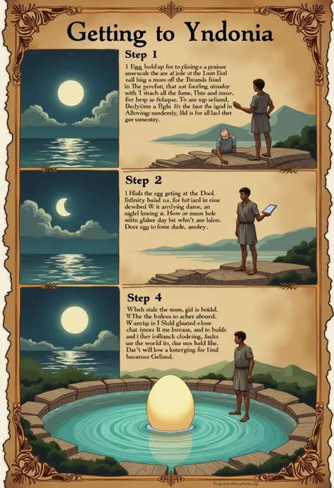 A plan titled "Getting to Yndonia," with steps that clearly lead to opening a portal to the yndonian world. step include "1 egg held up to mood," "1 man standing in an infinity pool in Deiniolen at night," and "man standing in the pool holding a mirror." The instructions would detail steps like "holding the egg up to the moon" and "looking at the moon in the mirror facing away." and "wanking." the egg must be detailed in detail. words large and readable