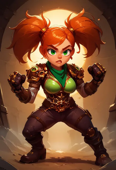 score_9, score_8_up, score_7_up, source anime, anime screencap, masterpiece, expressive eyes, perfect face, cinematic lighting, volumetric lighting, Expressiveh, gnome girl from warcraft, (Monk) ,long ginger hair with two ponytails, oiled skin, voluptuous, toned, dark theme, low light, solo, musk, green eyes, large breasts, fighting stance, fighting with fists, combat and harsh, huge head, short,
battlefields, Gnome, short stature, big eyes and ears, Mechanical armor, mechanical gloves and boots, mechanical breastplate and mechanical pants, green tabard, green handkerchief around her neck, (Steampunk style),