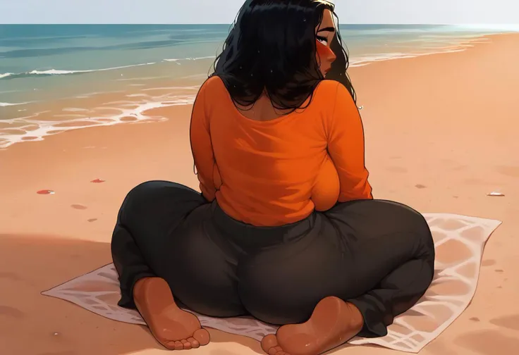 score_9, score_8_up, score_7_up, 1girls, milf, mature, big breast wide hips, perfect ass, huge ass, big ass, beach, black hair, looking at up, wet, long hair, moana, feet, female only, solo, aroused, horny, sexually attractive, sexually attracted, crush, attraction, blushing a lot, black baggy tracksuit pants, baggy shirt, in pants, butt is covered, bare ass is not shown, turned to side, changing clothes, very brown skin, back view, sitting, soles, full body shot