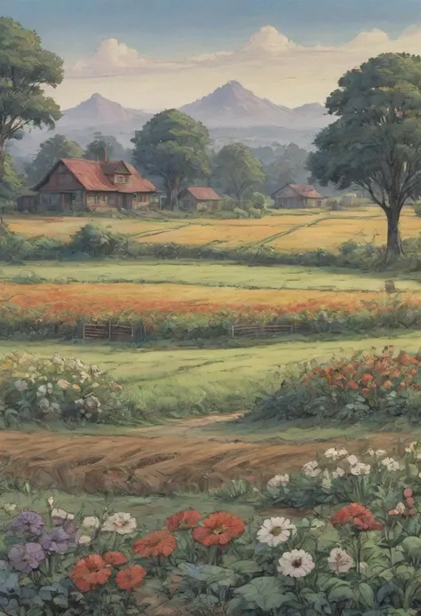 comics art by Greg Land, high contrast art, landscape of a farm house, farmland, line art, (Lusaka:1.2) , flower field, Foggy conditions, Detailed illustration, 800mm lens, <lora:EldritchArt1.0:0.8>