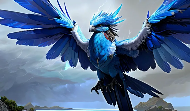 blue phoenix bird, his feathers are electrical discharges, it's flying between a storm, high - quality, realistic  photorealistic, 4k HDR, concept art, hyperdetailed, hyperrealistic, art by Greg Rutkowski, artstation