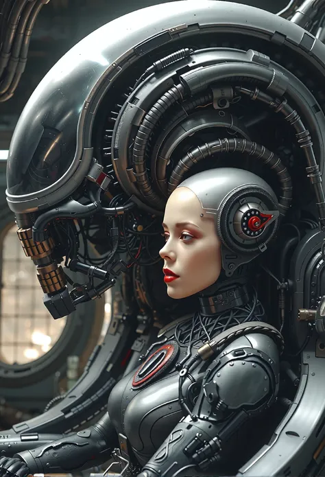 Highly detailed realistic masterpiece, 4k, A robot is sitting inside of a large circular object. The robot is black and silver in color. The head of the robot is shaped like a skull. There are wires coming out of the circular object around the woman's head. The woman has red lipstick on her lips. There is a large window behind the robot..a woman in a futuristic suit sitting in a chair, cyberpunk art by H.R. Giger, cgsociety, afrofuturism, biologic hr giger style, beautiful alluring female cyborg, movie still of a alien cyborg.1girl, solo, breasts, blue_eyes, medium_breasts, upper_body, teeth, blurry, armor, from_side, lips, profile, makeup, bodysuit, expressionless, headgear, robot, lipstick, science_fiction, machinery, realistic, red_lips, android, cable, bald, cyborg, spacesuit, cyberpunk, cockpit