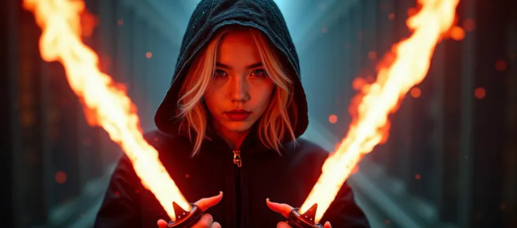 Behold a photographic that captures the essence of a rogue assassin girl, her form shrouded in shadows, with a hood partially obscuring her striking blonde hair. Her shoulder-length locks, messy yet alluring, frame the face of a beautiful 25-year-old half-Asian woman. In each hand, she wields a flaming dagger, the blades radiating with vibrant, glowing abyssal colors that illuminate the darkness around her. Her entire figure is fully framed, a full-body depiction exuding an aura of electrifying energy.

This hyper-detailed photograph is rendered in 8k resolution, capturing every fractal isometric detail and bioluminescent glow. The image blends the elegance of Art Deco with a cinematic flair, presenting an isometric, centered composition that could serve as a hyper-realistic cover photo. 

The image, taken with a Canon EOS and a fisheye Lens, is a masterclass in photographic precision, with ISO 200 and a shutter speed of 2000 ensuring every detail is flawlessly rendered. Her skin texture is beautifully realistic, enhanced by the artificial lighting that casts a soft glow across her figure. She gazes forward, her expression serene, as the high-quality capture immortalizes her in exquisite clarity. This piece is an embodiment of Art Deco's geometric sophistication, transformed into a stunning visual narrative of power and mystery.
