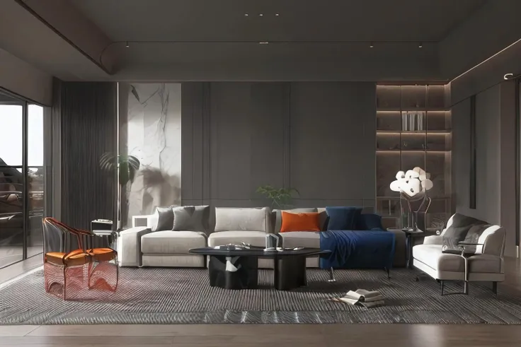 a living room with a couch, chair, coffee table and a rug on the floor and a window, muted colors, a 3D render, light and space,Dark style,Marble elements in the background