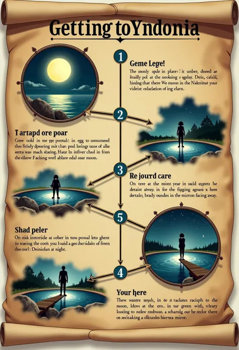 A plan titled "Getting to Yndonia," with steps that clearly lead to opening a portal to the yndonian world. step include "1 egg held up to mood," "1 man standing in an infinity pool in Deiniolen at night," and "man standing in the pool holding a mirror." The instructions would detail steps like "holding the egg up to the moon" and "looking at the moon in the mirror facing away." and "wanking." the egg must be detailed in detail. words large and readable