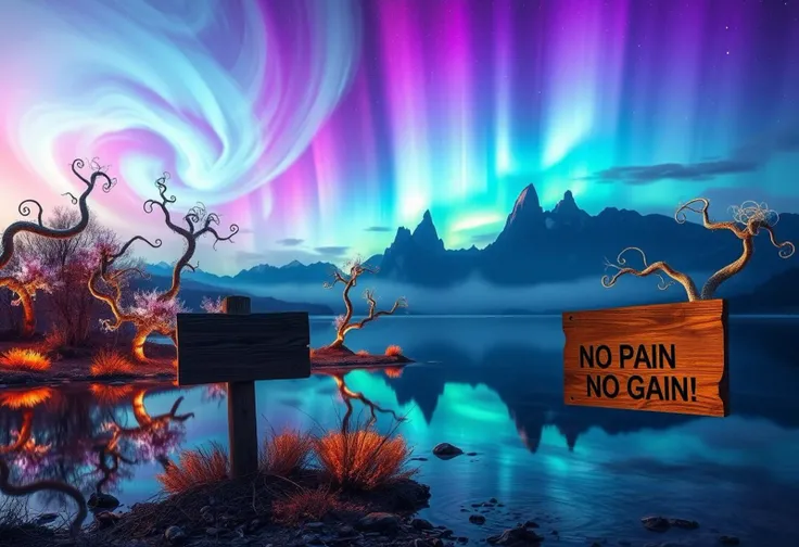 A breathtaking scene of a surreal landscape that blends the beauty of nature with abstract, dreamlike elements. The foreground features a crystal-clear, reflective lake that mirrors a sky filled with vibrant, swirling auroras in shades of purple, blue, and green. On the shore of the lake, unusual, glowing trees with twisted, spiraling branches reach out towards the heavens, their leaves shimmering in a spectrum of colors. In the distance, towering, otherworldly mountains with jagged peaks rise into the sky, partially obscured by wisps of ethereal mist. The entire scene is bathed in a soft, glowing light that enhances the vivid colors and gives the image a mystical, almost otherworldly feel. A weathered wooden sign, etched with the words ‘NO PAIN NO GAIN!’, stands near the lake’s edge, partially illuminated by the ethereal light, blending seamlessly into the enchanting environment. The horizon is a mix of deep purples and blues, creating a sense of infinite depth and wonder