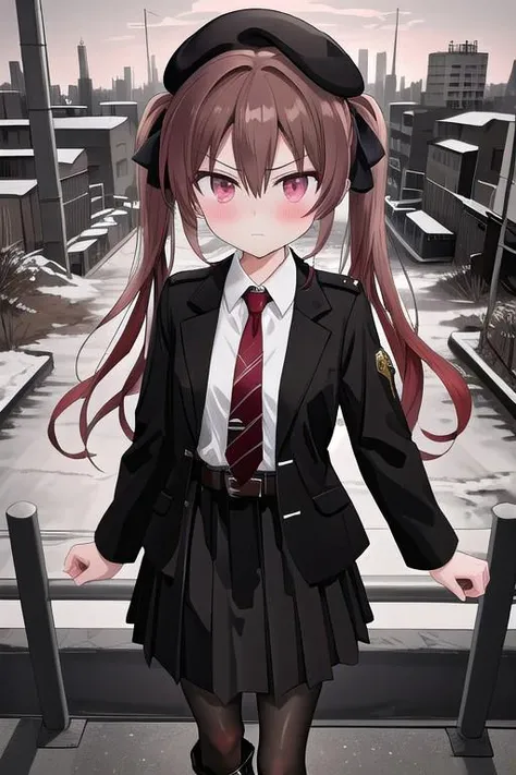 8k, HDR+, high detailed, ultra-detailed, high definition, high quality, best quality, masterpiece, absurdres, perfect anatomy, cowboy shot, 1girl, Otsuki Yoyoko, looking at viewer, serious, closed mouth, light skin, blush, long hair, hair between eyes, twintails, dark brown hair, red hair ribbon, pink eyes, small breasts, beret, black headwear, millitary uniform, milllitary jacket, closed jacket, black jacket, belt on jacket, collared shirt, white shirt, red tie, long sleeves, pleated skirt, black skirt, black pantyhose, boots, black boots, war-torn city background, evening