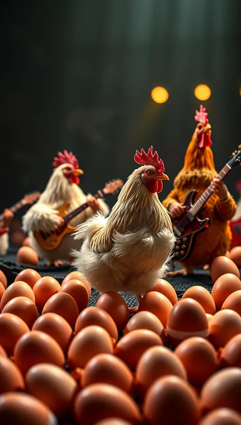 Create a picture of a group of chickens performing a rock concert for an audience of eggs, photo realistic, 4k