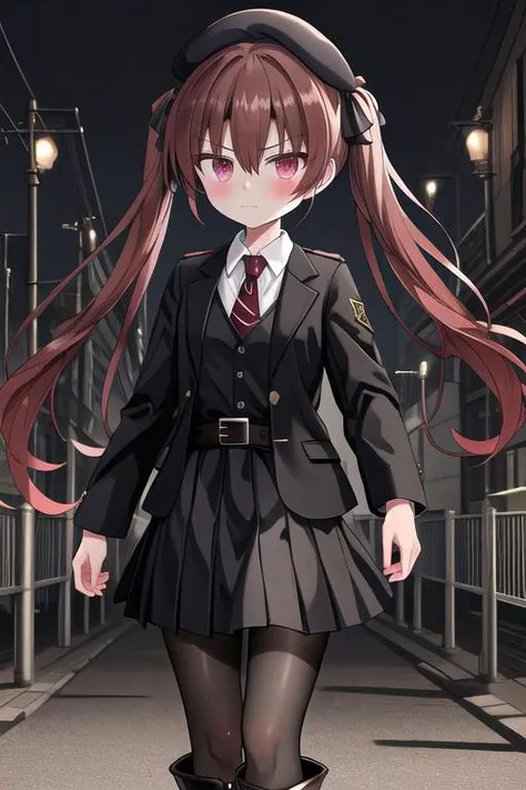 8k, HDR+, high detailed, ultra-detailed, high definition, high quality, best quality, masterpiece, absurdres, perfect anatomy, cowboy shot, 1girl, Otsuki Yoyoko, looking at viewer, serious, closed mouth, light skin, blush, long hair, hair between eyes, twintails, dark brown hair, red hair ribbon, pink eyes, small breasts, beret, black headwear, millitary uniform, milllitary jacket, closed jacket, black jacket, belt on jacket, collared shirt, white shirt, red tie, long sleeves, pleated skirt, black skirt, black pantyhose, boots, black boots, war-torn city background, evening