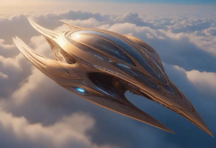 A futuristic looking alien spaceship flies above the clouds on Earth, (spaceship is aerodynamic, symmetrical, oblong, enormous ship, light colours, smooth sides, sleek, imposing, huge, graceful), view from side, suspenseful atmosphere, cinematic lighting, 8k, ultra realistic, hyper detailed, sci-fy, cinematic lighting, highlights, gritty atmosphereRAW, (realistic photo, best quality, detailed), (8k wallpaper), (cinematic lighting, dramatic lighting), (sharp focus, intricate)