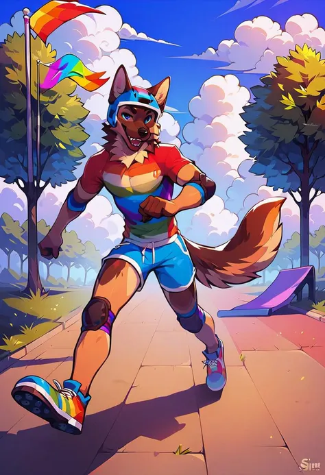 score_9, score_8_up, (furry male), furry, anthro, perfect eyes, riding a skateboard in a park on sidewalk, sidelighting, depth of field , front view, full body view, raised eyebrow, seductive smile, rainbow shirt, rainbow shorts, running shoes, bike helmet, elbow pads knee pads, rainbow flags, german shepherd