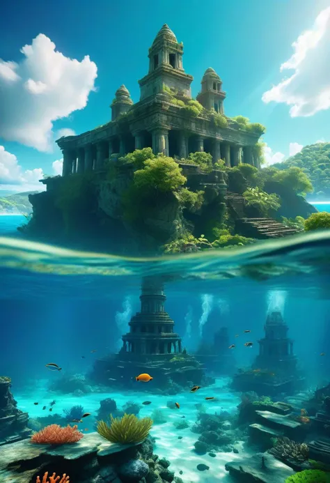 (ultra high res:1.4), (masterpiece), (beautiful lighting:1.4) , lush green forest, Mountains, Bright sunlight illuminates the crystal-clear blue water, (deep underwater), photorealistic, , (clear underwater), beautiful sky with clouds and smoke, mighty techno fotress, tropical fish, coral, depth,
Illuminated submerged temple ruins,
Mysterious tower in distance