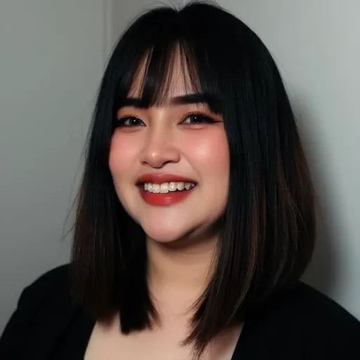 black hair, teeth, coat, bare shoulders, upper body, smile, shirt, realistic, simple background, bangs, makeup