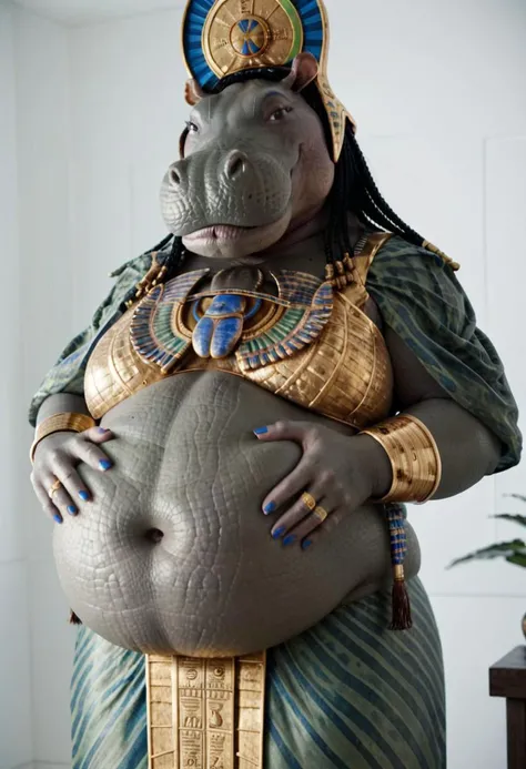 1girl, Hippo female, grey skin, morbidly obese, huge belly, ((huge belly)), nude, deep navel, egyptian bra, large, full body portrait, solo, five fingers, hyperrealistic, gold jewellery, egyptian headwear, smile, Nile, green dress around waist, hands on belly
BREAK,
(detailed background, depth of field, half body shadow, ambient light on the body),
masterpiece, best quality, 4k, 2k, (intricate:0.9), (high detail, shaded), absurd res, perfect eyes, perfect muzzle
plump,female,hippo,egyptian headwear,black hair,grey skin,croco tail