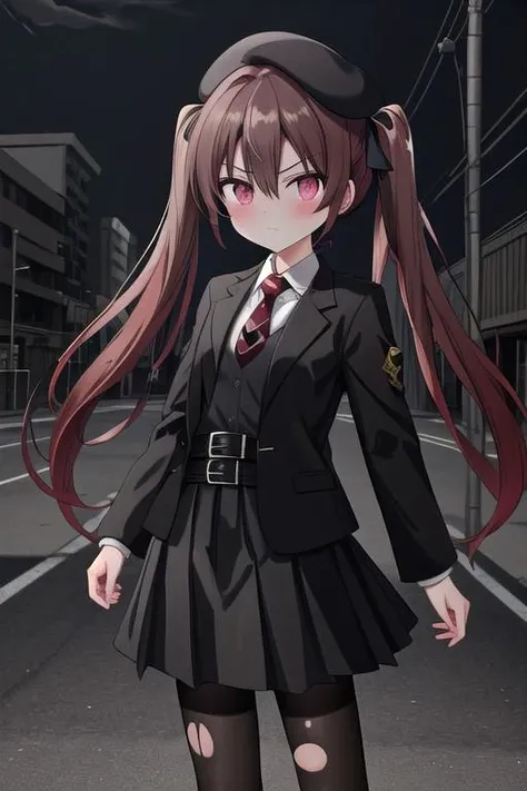 8k, HDR+, high detailed, ultra-detailed, high definition, high quality, best quality, masterpiece, absurdres, perfect anatomy, cowboy shot, 1girl, Otsuki Yoyoko, looking at viewer, serious, closed mouth, light skin, blush, long hair, hair between eyes, twintails, dark brown hair, red hair ribbon, pink eyes, small breasts, beret, black headwear, millitary uniform, milllitary jacket, closed jacket, black jacket, belt on jacket, collared shirt, white shirt, red tie, long sleeves, pleated skirt, black skirt, black pantyhose, boots, black boots, war-torn city background, evening