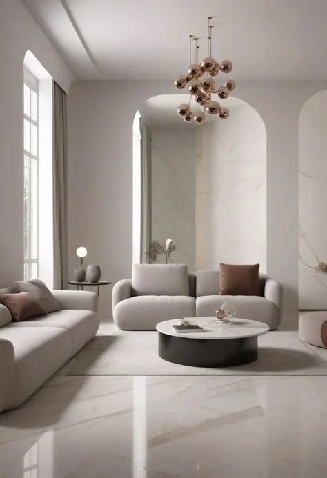 a living room with a couch, chair, coffee table and a rug on the floor and a window, muted colors, a 3D render, light and space,modern style, perfect lighting, Marble elements in the background