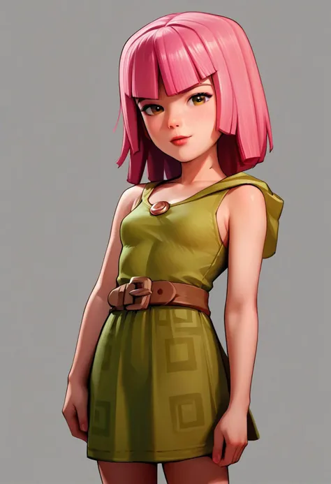 score_9_up, score_8_up, score_7_up, 1girl, archer_coc, source_anime, pink hair, small breasts, petite, green dress, brown belt, standing, looking at viewer, bow