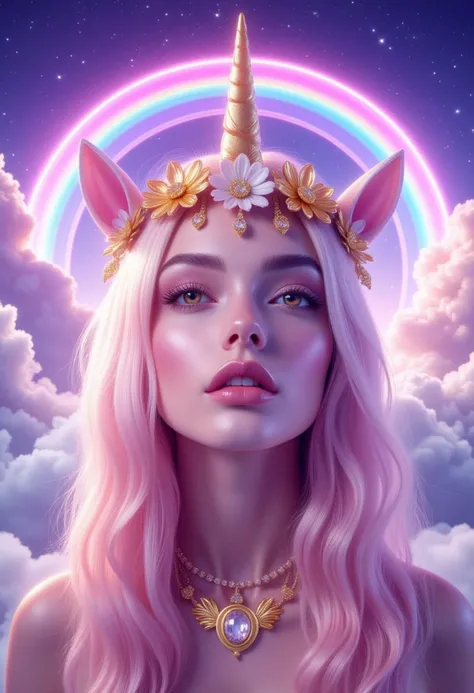 A unicorn woman, horn jewelry, pink skin, pink skin, big eyes, beautiful face, big eyelashes, makeup, light yellow eye color, angel crown, gold solar angel crown, flower-shaped jewelry , Background: purple luminous rings , in the sky full of clouds , A seductive look, a little smile