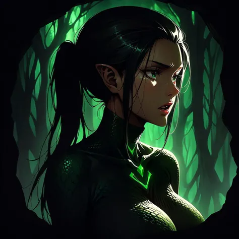 (graphic novel style, dark novel style, 2d:1.5),(anime), (masterpiece:1.4), (colourful, soft cinematic light:1.1), incredibly lifelike, Extremely high-resolution details, 8k, best quality,extremely detailed, contrast, 
tree, cave, deep cave, 
 roots, large roots,
(absolute dark), darkness, dark atmoshpere,  
green light, (((looks away))),
open mouth,
 (frontal portrait) girl at  the cave,  ((girl in a green snake suit)), adult, [European], Ectomorph elongated body, slim body, skinny, perfect white skin, Long Diamond type Face, Long slim neck, broad shoulders, long slim thin arms,round forehead, Attached Pointed ears,  (Long Sleek Straight Ponytail Slicked back black Hair), Hawk long Nose, Upturned Eyes type, Bold Tapered Eyebrows, Angular Narrow Symmetrical Cheekbones, Hollow Cheeks, Square Chin, Square Jawline, Heart Shaped nude Lips, Fine Puppet Wrinkles, (dark green eyes), Cut Crease make up style, Full on Top or Bottom breasts, second breast size,