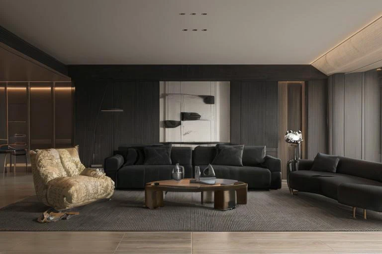 a living room with a couch, chair, coffee table and a rug on the floor and a window, muted colors, a 3D render, light and space,Dark style,Marble elements in the background