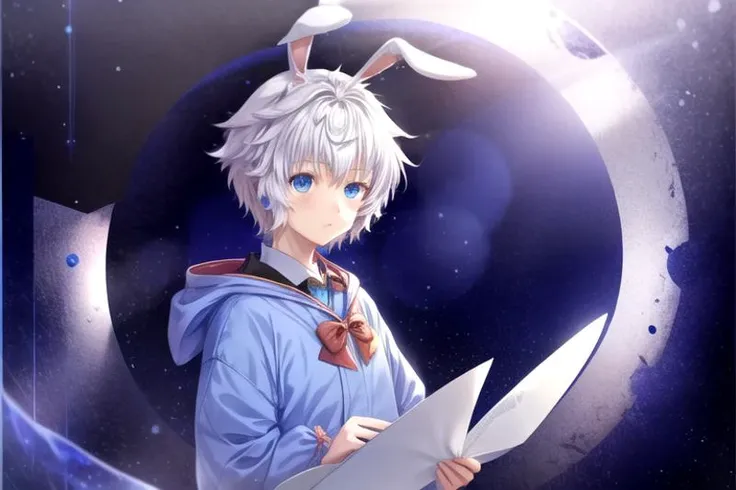 Khyo, 1 boy, white hair, bunny ears, blue eyes, blue jacket, red bowtie, bunny tail <lora:Khyo_4_2_2_NR92_adafactor:1>