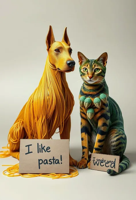 A surreal and intricately detailed scene featuring a Dobermann made entirely of spaghetti and a Bengal cat composed of cannabis leaves. The Dobermann’s muscular frame is crafted from strands of perfectly cooked spaghetti, each noodle intricately woven to form the dog’s powerful shape, with meatball eyes adding a lifelike intensity. Beside the Dobermann, a Bengal cat sits majestically, its sleek, agile body constructed from layers of vibrant green cannabis leaves. The leaves are carefully arranged to mimic the cat’s natural fur pattern, with the characteristic spots and stripes of a Bengal cat subtly formed by the varied shades and textures of the leaves. The cat’s eyes are crafted from glistening, deep green buds, adding a striking contrast to the leafy body. In front of the Dobermann, a small, slightly worn cardboard sign reads ‘I like pasta!’ in bold, playful letters, while next to the Bengal cat, another cardboard sign is propped up with the handwritten message ‘I smoke weed,’ adding a humorous and edgy twist. The background is kept neutral to ensure the intricate details of the spaghetti Dobermann and the cannabis leaf Bengal cat are the clear focal points, creating a mesmerizing and whimsical scene