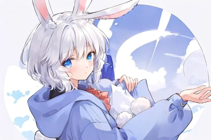 Khyo, 1 boy, white hair, bunny ears, blue eyes, blue jacket, red bowtie, bunny tail <lora:Khyo_4_2_2_NR92_adafactor-000011:1>
