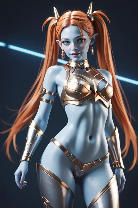 female alien, (blue skin), petite, orange hair, long hair, twintails, futuristic white armor,, score_9, score_8_up, score_7_up, score_6_up, score_5_up, score_4_up, <lora:040790P:0.4> 040790P, woman, 24 years old, (tiny waist, flat stomach, narrow hips)