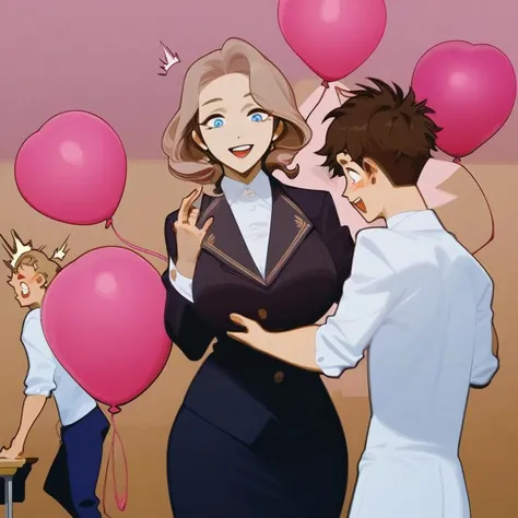 a fully naked woman standing in a classroom holding a large human sized pink balloon covering her torso with the words "POP ME!" written on it. She is smiling and looking towards a young man in a suit, who is glancing back at her with a surprised expression. Expressiveh