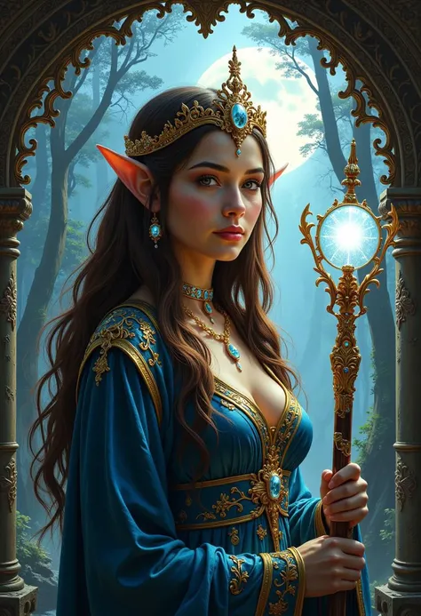 In the style of Even Amundsen, a fantasy-themed digital artwork featuring a regal elven woman standing in an ornate, ancient archway with intricate carvings and ornate golden filigree. Her fair skin seems to glow with a soft, ethereal light, and her pointed ears are adorned with delicate, swirling patterns. Her long, wavy brown hair cascades down her shoulders in loose, flowing waves, reminiscent of Amundsen's signature hair textures. Her sharp, defined facial features are accentuated by high cheekbones and piercing eyes that seem to shine like stars. She wears an elaborate blue and gold robe with intricate patterns and a matching crown featuring a central gemstone that pulsates with a soft, magical glow. In her right hand, she holds a tall, ornate staff topped with a glowing orb that seems to emanate a soft, luminescent aura. The background depicts a mystical forest with tall, twisted trees and a full moon hanging low in the sky, casting an enchanting, dreamlike atmosphere.midjourneyv6.1, Cinematic style, realism, cinematic quality, K_oilpastel Oilhanfu