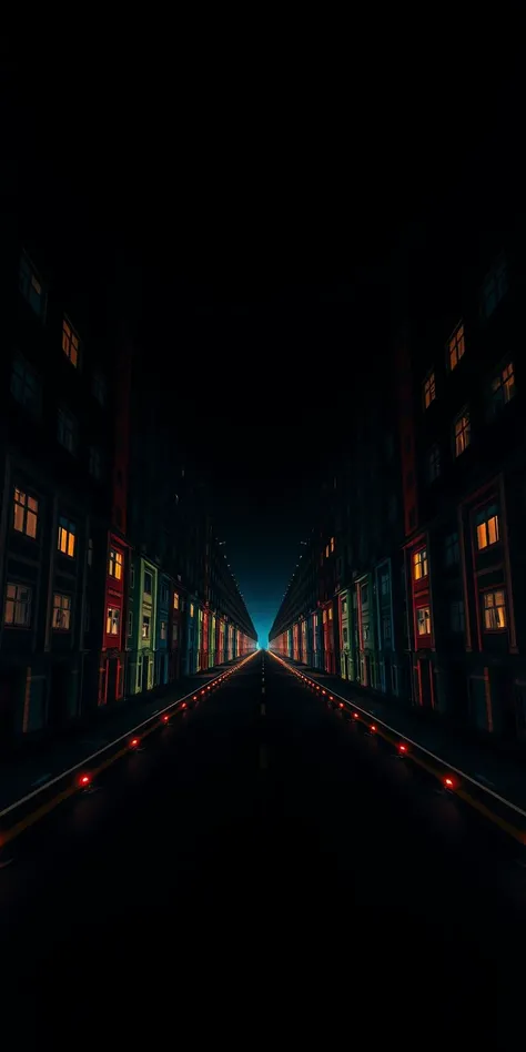 a backroom concept view of a infinite street at night, with giant colored houses on sides repeating pattern infinitely straight forward  like in a mirror,
the sky is perfectly black, lots of contrast between lights from windows and ambient darkness.
Strange feeling of nightmare.