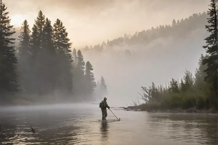14. A fly fisherman wading through a fog-covered river in the heart of Montana. Absurd photo,