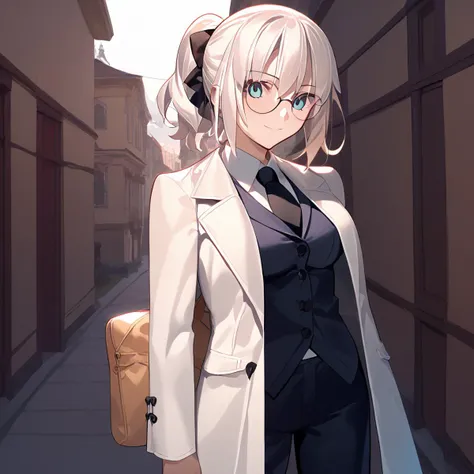 <lora:Takeuchi_Takashi_PonyXL_style_v01:1>
<lora:Mafia_Outfit:0.8>
score_9 , score_8_up , score_7_up , source_anime , 
masterpiece , best quality , ultra-detailed , 
BREAK
1girl , woman , huge breasts , light smile , light blush , medium long shot , 
[fair skin]  , 
((jeanne d'arc (fate)):0.5)  , 
white hair  , 
ponytail  , 
mafi4, necktie, gloves, suit, fedora, white shirt, black vest, black pants, coat , 
round glasses