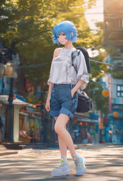 full body, 18-year-old girl, walking unsteadily in high heels, wearing a top and shorts, blue hair, blue eyes, manga style, dynamic pose, slight wobble, playful expression, vibrant colors, thin, youthful, anime-style character, delicate features, blush, detailed clothing, cinematic photo, natural light, 35mm photograph, film, professional, 4k, highly detailed, Golden hour lighting. Depth of field F2. Rule of Thirds Composition.