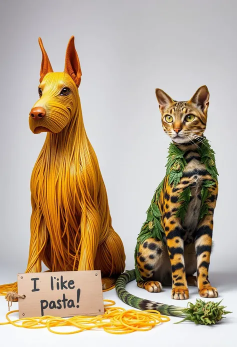 A surreal and intricately detailed scene featuring a Dobermann made entirely of spaghetti and a Bengal cat composed of cannabis leaves. The Dobermann’s muscular frame is crafted from strands of perfectly cooked spaghetti, each noodle intricately woven to form the dog’s powerful shape, with meatball eyes adding a lifelike intensity. Beside the Dobermann, a Bengal cat sits majestically, its sleek, agile body constructed from layers of vibrant green cannabis leaves. The leaves are carefully arranged to mimic the cat’s natural fur pattern, with the characteristic spots and stripes of a Bengal cat subtly formed by the varied shades and textures of the leaves. The cat’s eyes are crafted from glistening, deep green buds, adding a striking contrast to the leafy body. In front of the Dobermann, a small, slightly worn cardboard sign reads ‘I like pasta!’ in bold, playful letters, while next to the Bengal cat, another cardboard sign is propped up with the handwritten message ‘I smoke weed,’ adding a humorous and edgy twist. The background is kept neutral to ensure the intricate details of the spaghetti Dobermann and the cannabis leaf Bengal cat are the clear focal points, creating a mesmerizing and whimsical scene
