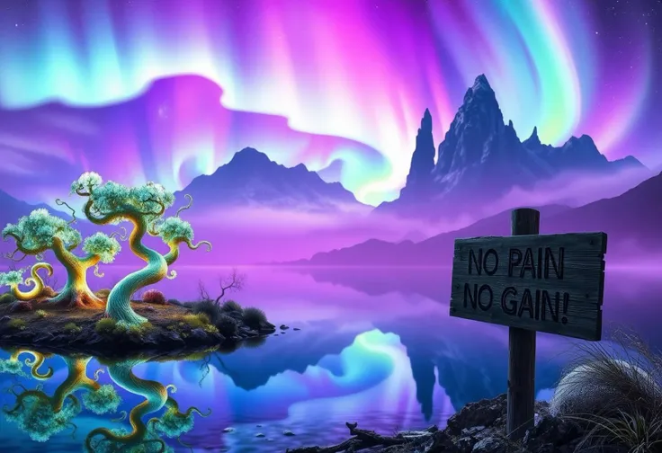 A breathtaking scene of a surreal landscape that blends the beauty of nature with abstract, dreamlike elements. The foreground features a crystal-clear, reflective lake that mirrors a sky filled with vibrant, swirling auroras in shades of purple, blue, and green. On the shore of the lake, unusual, glowing trees with twisted, spiraling branches reach out towards the heavens, their leaves shimmering in a spectrum of colors. In the distance, towering, otherworldly mountains with jagged peaks rise into the sky, partially obscured by wisps of ethereal mist. The entire scene is bathed in a soft, glowing light that enhances the vivid colors and gives the image a mystical, almost otherworldly feel. A weathered wooden sign, etched with the words ‘NO PAIN NO GAIN!’, stands near the lake’s edge, partially illuminated by the ethereal light, blending seamlessly into the enchanting environment. The horizon is a mix of deep purples and blues, creating a sense of infinite depth and wonder