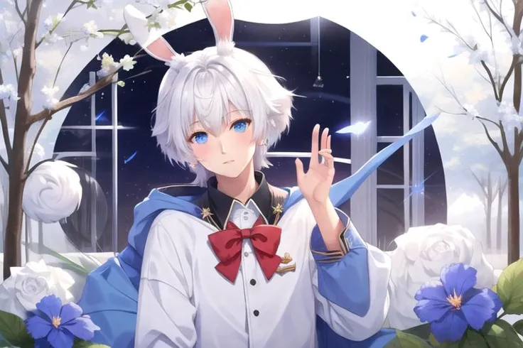 Khyo, 1 boy, white hair, bunny ears, blue eyes, blue jacket, red bowtie, bunny tail <lora:Khyo_4_2_2_NR92_adafactor:1>