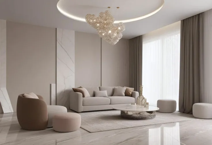 a living room with a couch, chair, coffee table and a rug on the floor and a window, muted colors, a 3D render, light and space,modern style, perfect lighting, Marble elements in the background