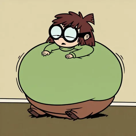lisaloud, 1girl, solo, green inflated turtleneck sweater, pink inflated pants, brown footwear, glasses, brown hair, short, spherical inflation, inward arms, inward legs, sphere body inflation, giant ballooned body inflation, 100 feet tall, giant balloon body, giant rounded circle ball perfect spherical body, her shirt and pants are inflating like a balloon, her body is swelling up and like a blueberry with helium, wide open eyes, ballooned clothes , inflating rapidly, half closed eyes, she is sitting down