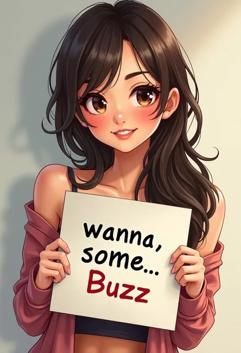 A realistic image of a cute and attractive girl holding a sign that says "wanna some... buzz." She has a playful and slightly flirtatious expression, with her eyes inviting and warm. Her appearance combines sweetness and subtle sexiness, with natural, lifelike details in her hair, skin, and outfit. The lighting is soft and flattering, enhancing the realism of the scene. The background is simple and unobtrusive, ensuring that the focus remains on the girl and the sign. The overall style is detailed and true to life, capturing both her charm and the playful message on the sign.
