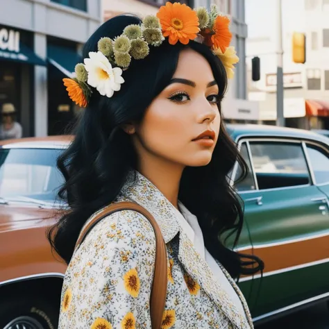fuji 35 mm filmstrip, retro 1970s art style, boujee girl hyper ultra realism, if you are going to San Francisco be sure to wear some flowers in your hair