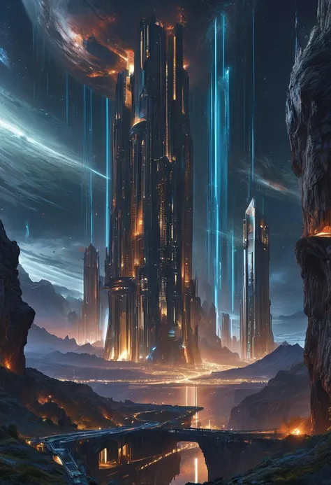 A captivating night scene illustration featuring a high tech and futuristic grand space elevator rising from a great futuristic city on a great mountain. The space elevator is not just a tall skyscraper, it rises all the way to outer space itself where the top is out of view from those down below. Futuristic spacecraft fly around the elevator and dock and take off form it. Twinkling stars dot the sky, creating a celestial tapestry that harmonizes with the moon's radiance. This enchanting artwork captures a serene and peaceful night, where the space elevator stands resolute amidst the celestial beauty, creating a cinematic experience., illustration, cinematic
<lora:DonM3t3rn1tyXL-v1.1:0.7>, DonM3t3rn1tyXL,
OverallDetailXL <lora:MJ52:0.3> <lora:SDXLFaeTastic2400:0.4> <lora:EpicF4nta5yXL:0.7>