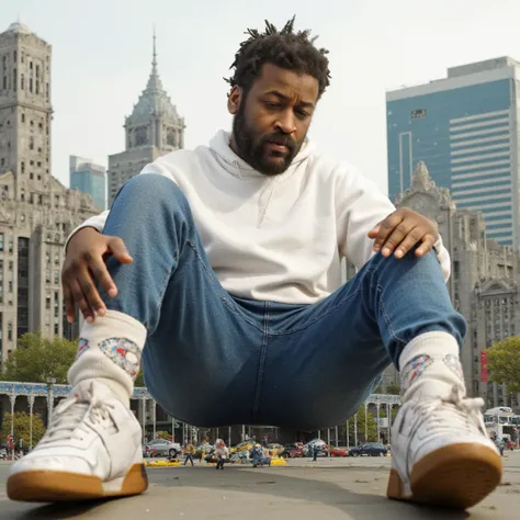 A giant rhwrld wearing a white T-shirt, blue jeans, and white sneakers, sitting in a miniature city, rhwrldman